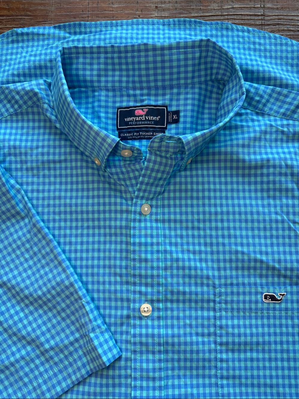 Vineyard Vines Performance Blue Turquoise Checked SS Button Down Shirt Size XL